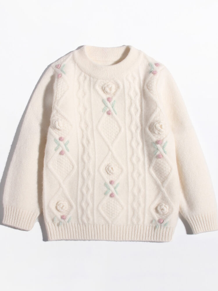 Girls Ivory 3D Floral Embroidery Cable Knit Cashmere Sweater